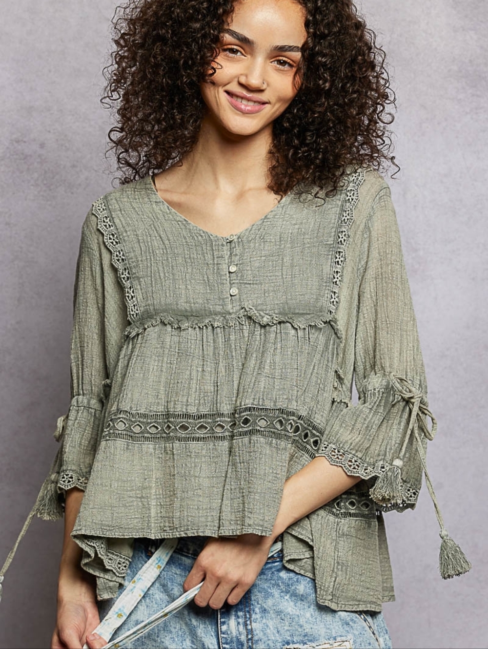 POL Sage Green Bohemian Peasant Tunic with Lace Trim